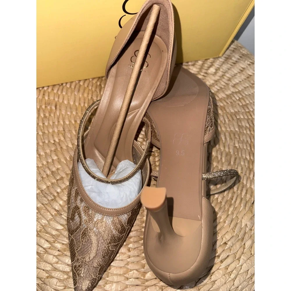 Cosy Island CharmElle Sparkle Pointed Toe Heeled Pumps Lace Apricot size 9.5‎
